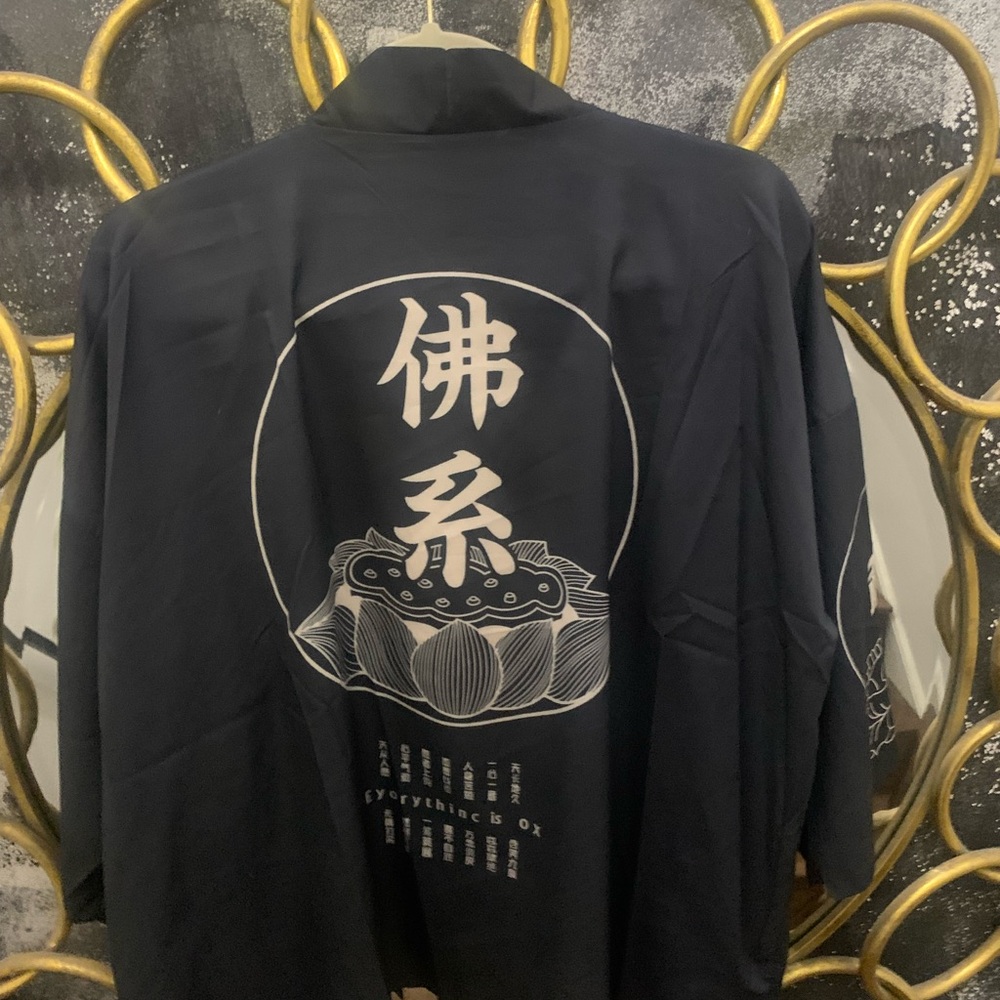 Black Kimono with White Graphic Design